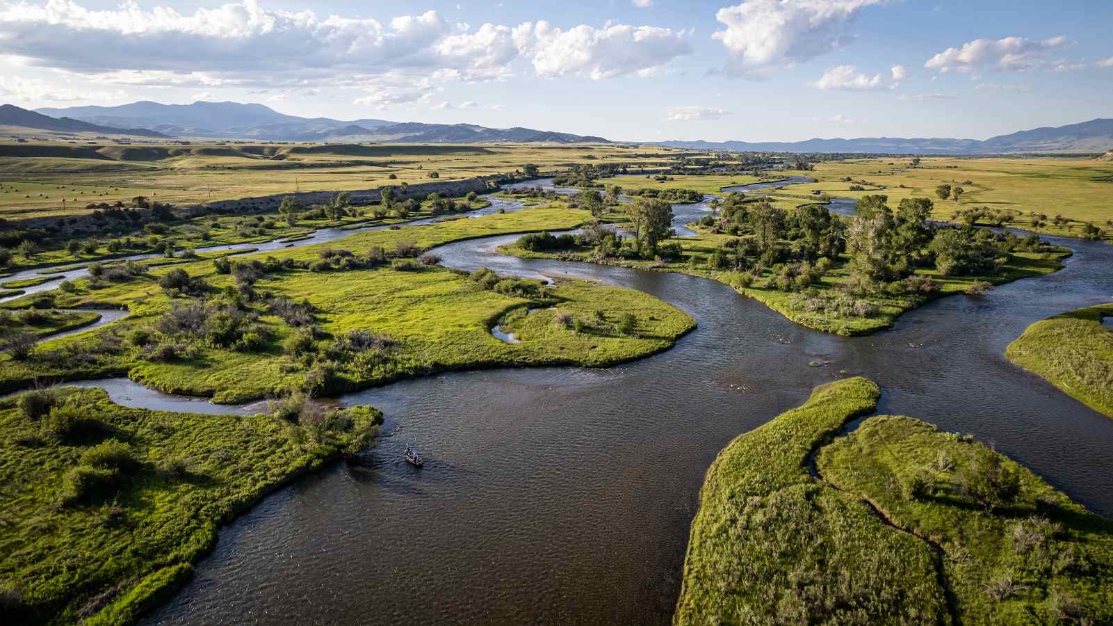 A winding river in Montana with smaller tributaries surrounded by lush green grass and mountains in the background.